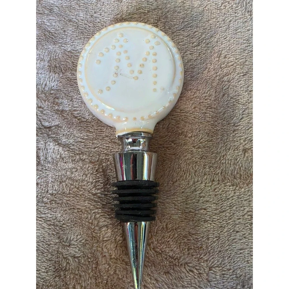 Monogram Initial M Ceramic Wine Bottle Stopper Chrome Metal Beaded White Cream